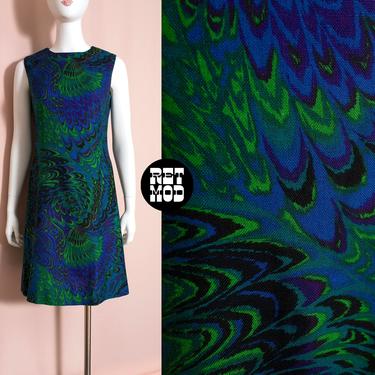 Groovy Vintage 60s 70s Blue Green Psychedelic Op Art Linen Sleeveless Dress 