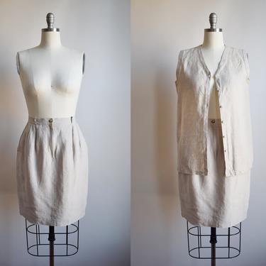 Vintage 1990s Irish Linen Skirt and Tunic Set | Minimalist Khaki/Sand High Waist Skirt and Long Vest/Button Down Top | M 