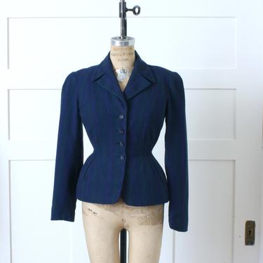 vintage womens 1950s blazer • ultra nipped waist blue & green stripe wool peplum jacket 