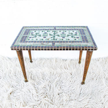 Vintage Mid-Century Tile Table with Wood Legs and Brass Tips 