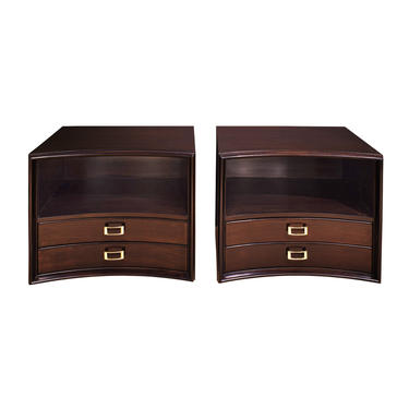 Paul Frankl Bedside Tables in Dark Walnut with Buckle Pulls 1950s