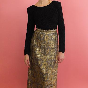 Mary McFadden Gold Lace, Open Back, Fortune Pleated Dress 