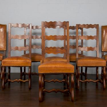 Antique Country French Louis XIII Provincial Os De Mouton Ladder Back Oak Leather Dining Chairs- Set of 8 