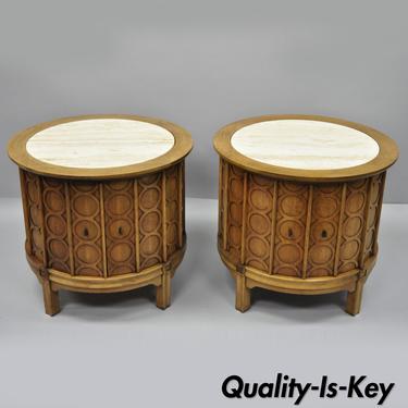 Vtg Pair Thomasville Travertine Top Mid Century Modern Round Commode End Tables
