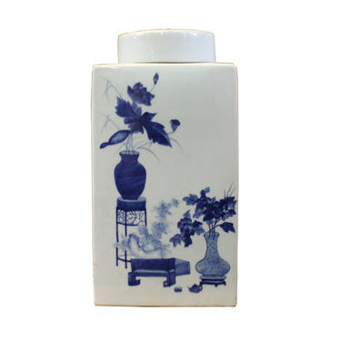 Chinese Blue White Square Porcelain Flower Graphic Accent Jar ws353E 