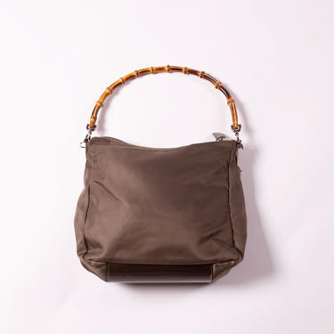 GUCCI 1990s Vintage Olive Green Nylon Bamboo Top Handle Bag with Patent Leather Accents GG Logo Y2K Hobo Bag Shoulder 