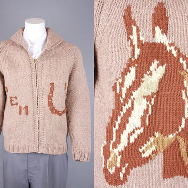 1950s HORSE Sweater | Vintage 50s Heavy Knit Zip Front Cardigan with &amp;quot;PEM&amp;quot; Monogram &amp; Equestrian Theme | Large 
