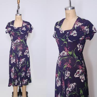 Vintage 1930s floral chiffon dress / 30s purple flower print dress / chiffon day dress / semi sheer dress 
