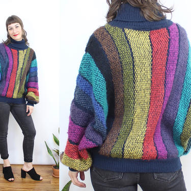 Vintage 70's 80's Rainbow Striped Fuzzy Dolman Sleeve Sweater / 1970's Turtleneck Rainbow Sweater / Women's Size Medium Large  XL 