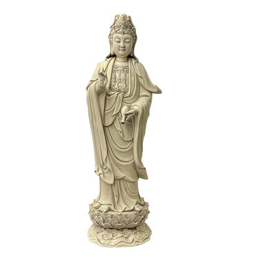 Oriental Vintage Finish Off White Ivory Color Porcelain Kwan Yin Statue ws1431E 