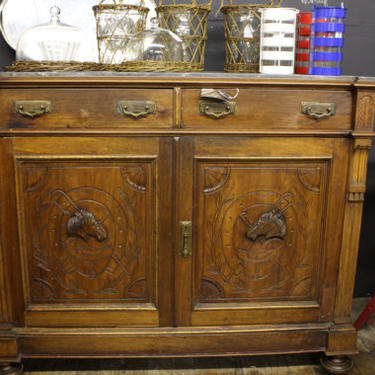 Italian Walnut Buffet/Server with marble top, 1880s-1920s, Horse carving.   LOCAL Pick UP ONLY 