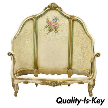 French Louis XV Style Twin Single Bed Green and Cream Distress Painted Finish