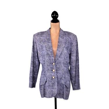 90s Rayon Blazer Women Large Navy Blue & White Print Shoulder Pad Lightweight Jacket Spring Summer Clothes 1990s Vintage Clothing Size 13/14 