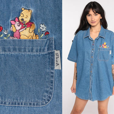 Winnie The Pooh Shirt Vintaget Disney Shirt Denim Shirt Button Up Short Sleeve 90s Jean Shirt Blue Extra Large xl 