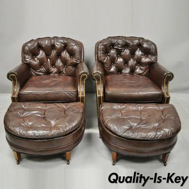Pair Century Furniture Co Brown Leather Chesterfield Club Lounge Chairs Ottomans