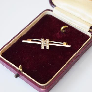 Antique 9kt Gold and Seed Pearl &quot;M&quot; Bar Pin | Edwardian Art Deco Initial M Brooch in Solid Gold with Pearls 