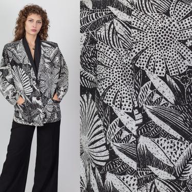 80s Two Tone Tropical Floral Blazer Jacket - One Size | Vintage Black & White Oversized Sport Coat 