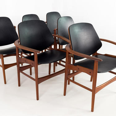 Arne Vodder for Bovirke Danish Teak and Leather Mid Century Modern Dining Chairs - Set of 6 - mcm 