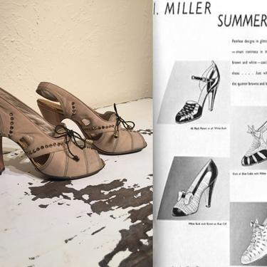 Sultry Summer Dances - Vintage 1930s I Miller Beige & Rhinestone Slingback Heels Pumps Shoes - 4M 