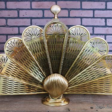 Brass Shell Hollywood Regency Peacock Fireplace Fan Collapsible Screen 
