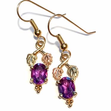 10k Black Hills Gold Purple Sapphire Dangle Earrings Multi Tone Gold Gemstone Vintage 