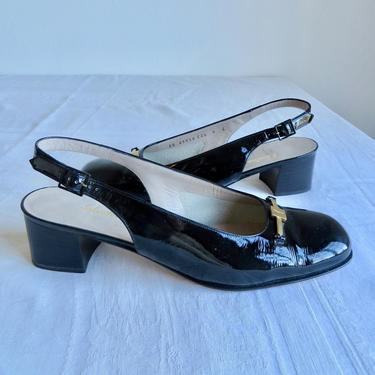 Vintage Size 9 US Salvatore Ferragamo Women's Black Patent Leather Slingback Low Heel Flats 