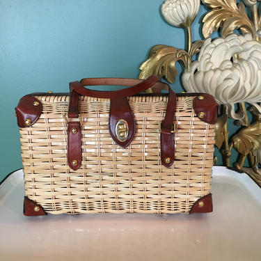 1950s wicker purse, vintage handbag, rockabilly purse, mrs maisel style, Wicker and leather, woven leather, beige and brown, summer bag, vlv 