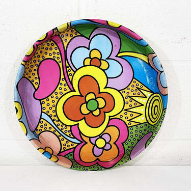 Vintage Rainbow Flower Power Metal Drink Tray Plate Retro Round Mid-Century Action USA Green Pink Yellow Barware Serving Floral 1960s 1950s 