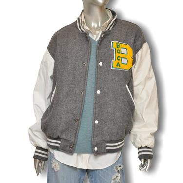 Vintage Varsity Letterman Jacket Boca Size Large White Leather Sleeves Bomber Jacket L 