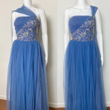 Vintage 1950s Gown 50s Blue Formal Dress Strapless with Boning Sequined Bodice 