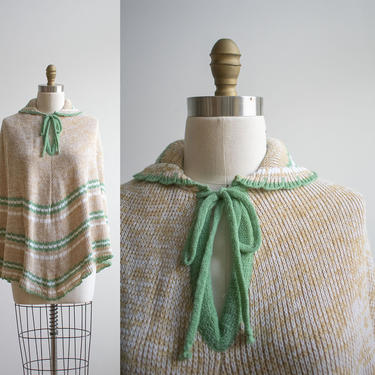 Vintage Knit Cape / 1970s Knit Cape / Vintage Knit Poncho / Fall Vintage / Vintage 1970s Poncho / Green and White Knit Top 