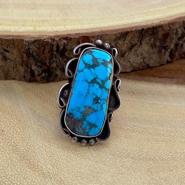 DEEP BLUE Vintage Turquoise &amp; Sterling Silver Ring | 1970s Large Statement Ring | Native American Navajo Southwest Jewelry | Size 7 
