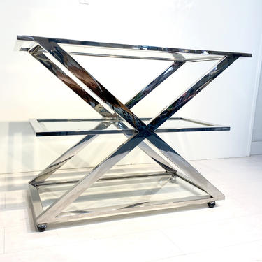 Vintage 1980's Chrome Bar Cart With Glass Top 