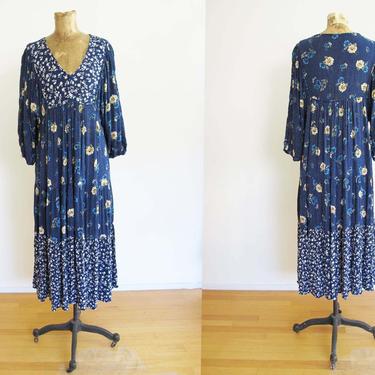 Vintage 90s Indian Rayon Maxi Dress S M - Navy Blue Floral Bohemian Sundress - Wide Sleeve Dress - Hippie Casual Day Dress 