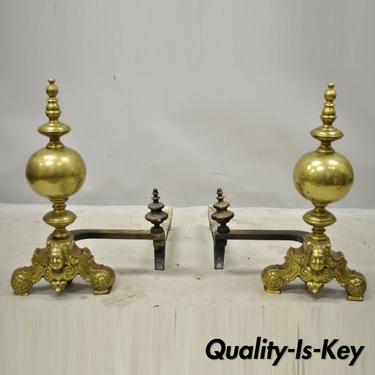 Antique Beethoven Faces French Brass Bronze Cannonball Finial Andirons Marked GF
