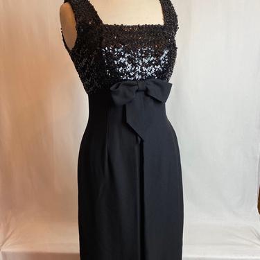 60’s black sequin cocktail dress~ Ann Barry jr~ wiggle semi formal ~ sexy 1960’s with bow~ size Medium 6-8 