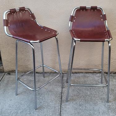 Charlotte Perriand for Les Arcs Ski Resort Chrome and Leather Bar Stools - a Pair