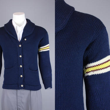 1970s Ralph Lauren SHAWL COLLAR Sweater | Vintage 1970s Blue Cardigan with Striped Arm Band | medium 