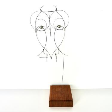 Vintage Owl Kinetic Sculpture By Dan Hay, Minimalist Metal Wire Bird Sculpture On Wooden Base 