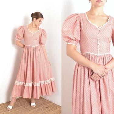 Vintage 1980s Dress / 80s Calico Floral Puff Sleeve Prairie Dress / Pink ( small S ) 