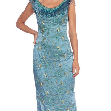 1950'S  BALMAIN Style Turquoise Haute Couture Silk Duchess Satin Embroidered With Crystals &amp; Fringe Cocktail Dress 