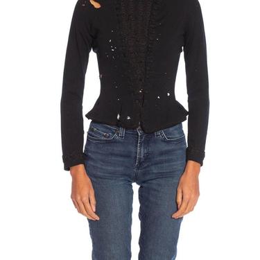 Victorian Black Wool Blend Knit Beautifully Tattered  Embroidered 1880S Top From Paris 
