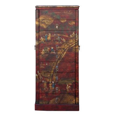 Chinese Ox Blood Red Scenery Side Doors Hooks Drawer Cabinet ws466S