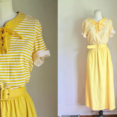 Vintage 1980s Yellow &amp; White Striped Jersey Dress / M 