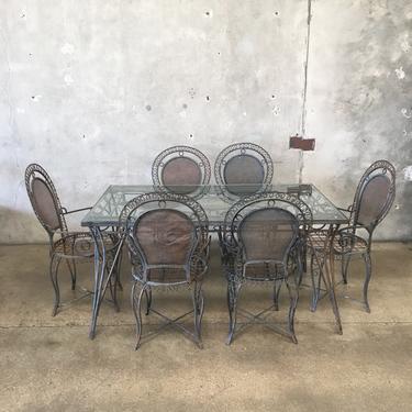Vintage Mexican Wrought Iron & Wire Patio Set and Six Chairs