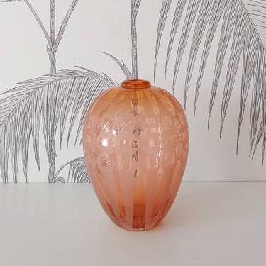 Vintage Vase, Signed, Murano, Coral colored Etched Glass, circa 70's 