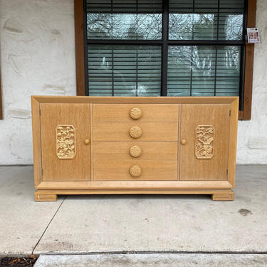 1950s Mid Century Modern Chinoiserie Solid Oak Buffet / Sideboard, Hollywood Regency, James Mont Style 