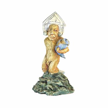Vintage Studio Pottery Sculpture Nude Figure with Neoclassical Headdress Holding Tornado 