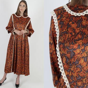 Vintage 70s Autumn Pilgrim Style Dress / Pumpkin Floral Inspired Homespun Clothing / Womens Folk Prairie Country Lace Maxi Dress 