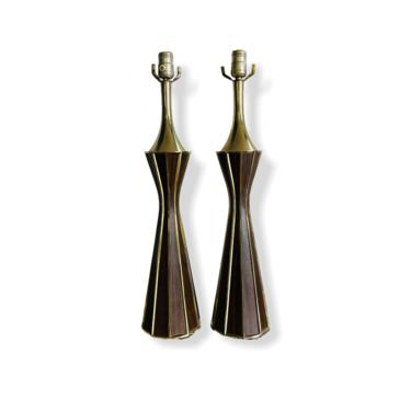 Beautiful Pair Mid-Century Modern Brass &amp; Wood Table Lamps
